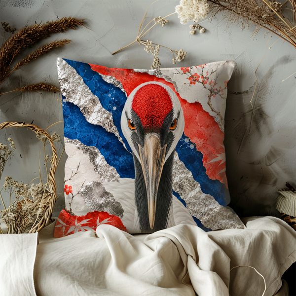 Red-Crowned Crane Pillow Cover – Japanese Crane Art | Gold Crackle Decor