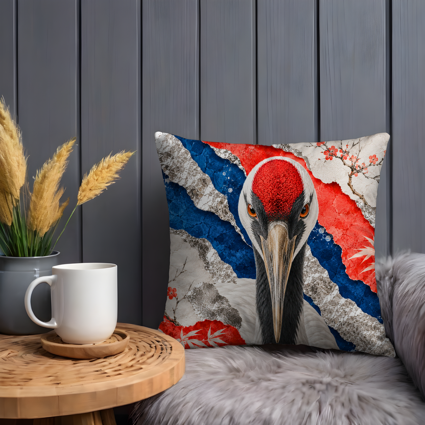 Red-Crowned Crane Pillow Cover – Japanese Crane Art | Gold Crackle Decor