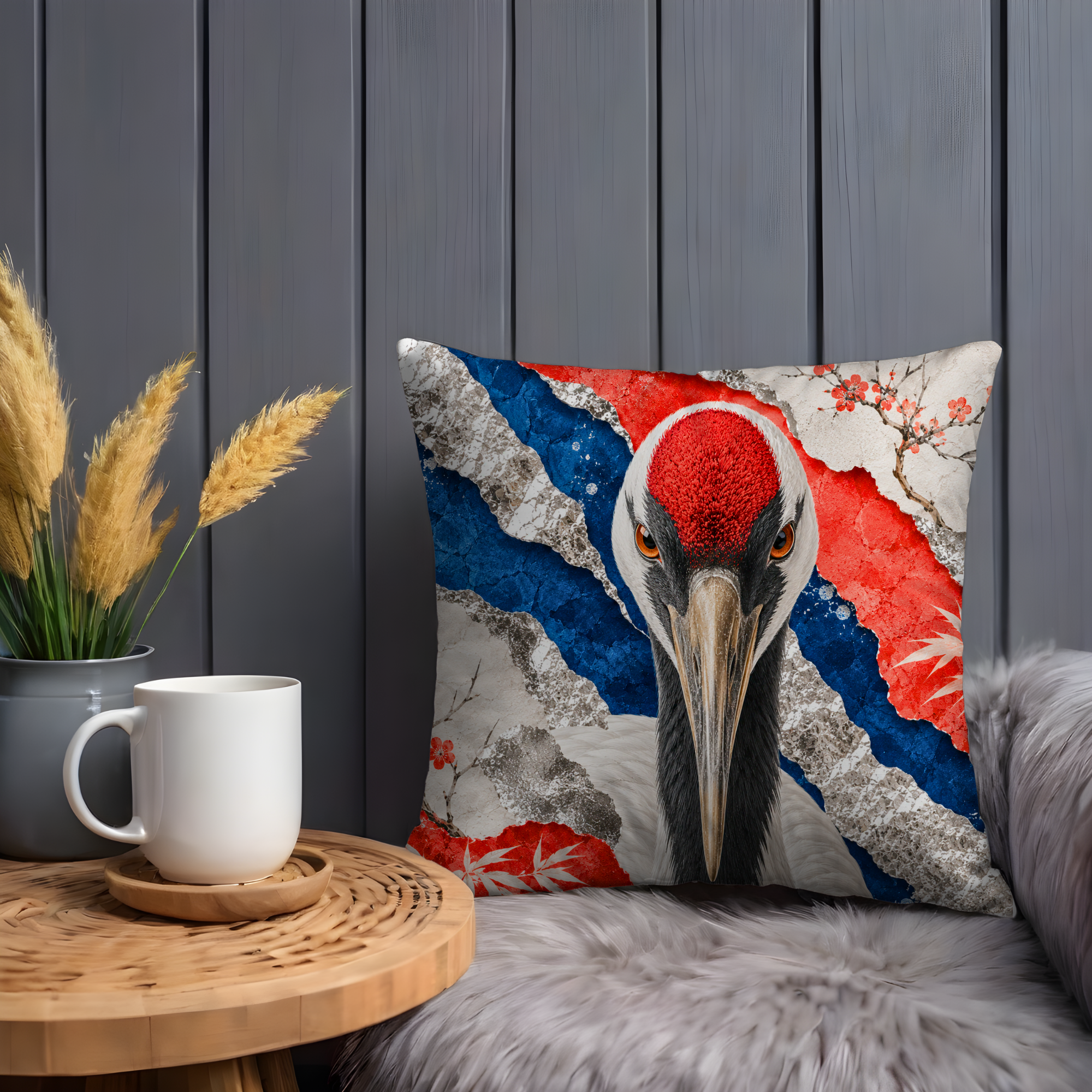 Red-Crowned Crane Pillow Cover | Japanese Crane Art | Gold Crackle Decor