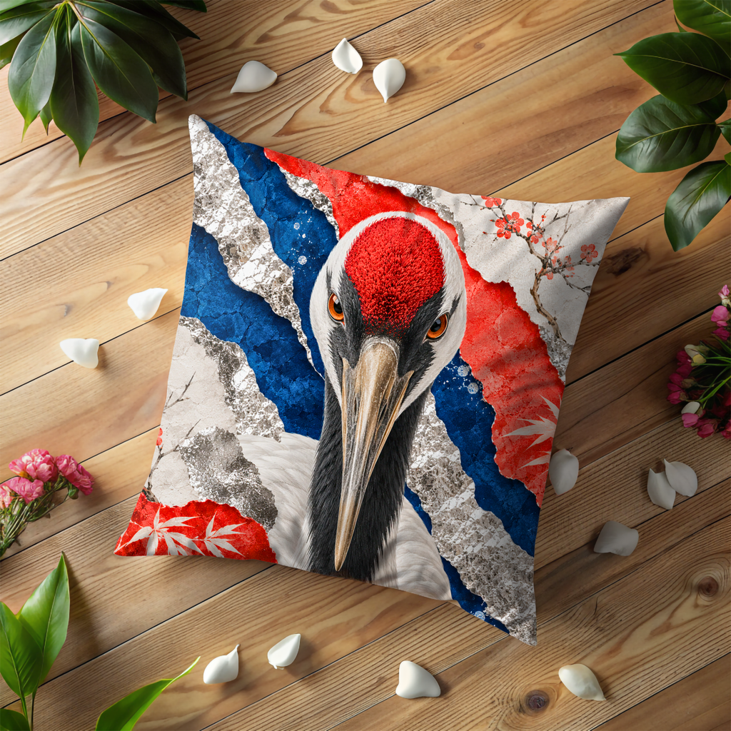 Red-Crowned Crane Pillow Cover | Japanese Crane Art | Gold Crackle Decor
