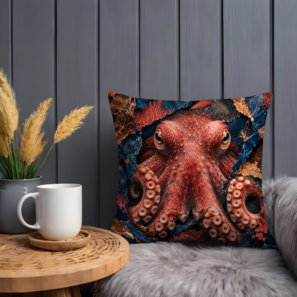 Red Octopus Pillow Cover | Majestic Marine Art | Gold Crackle Decor