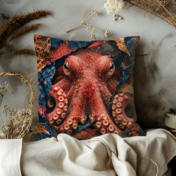 Red Octopus Pillow Cover – Majestic Marine Art | Gold Crackle Decor