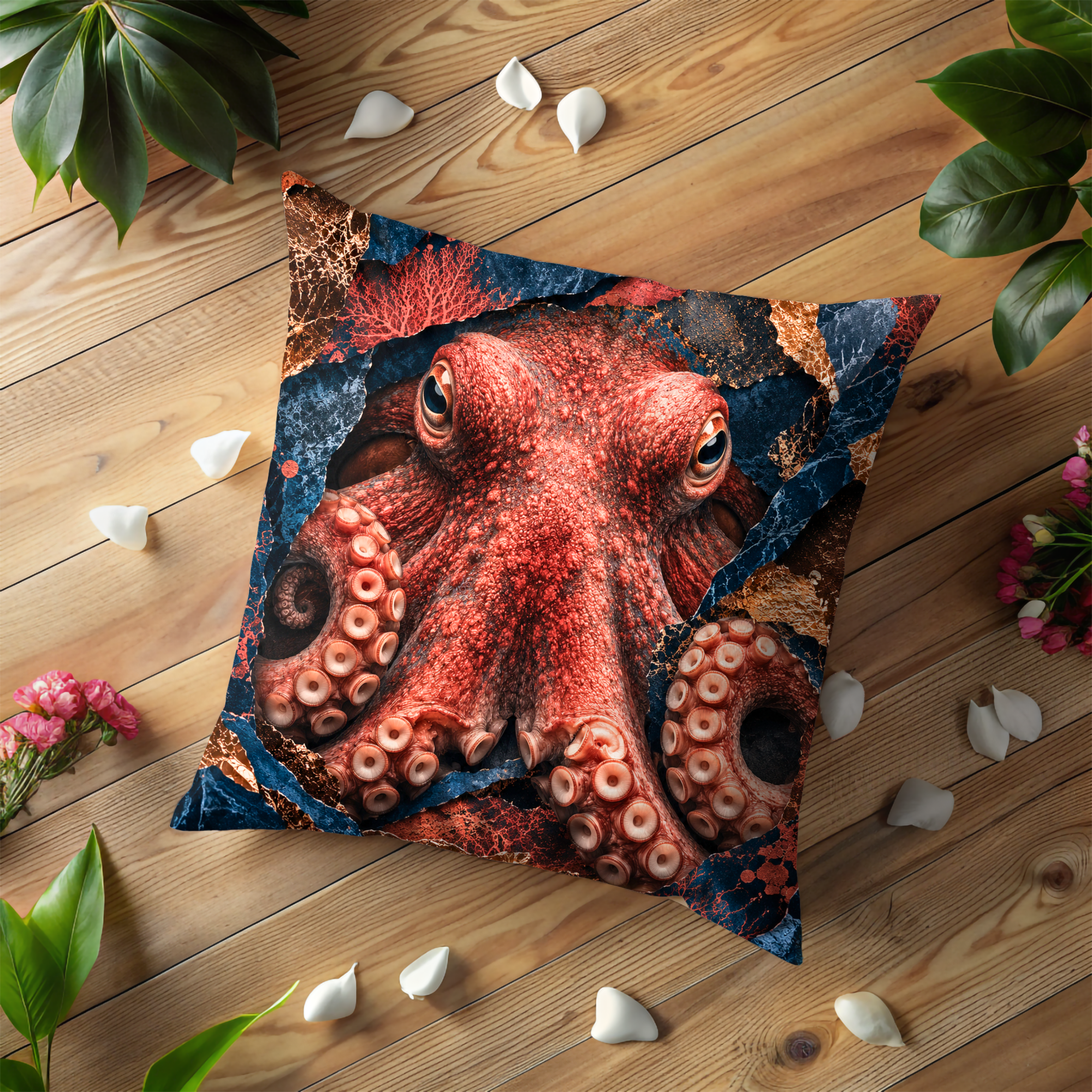 Red Octopus Pillow Cover | Majestic Marine Art | Gold Crackle Decor