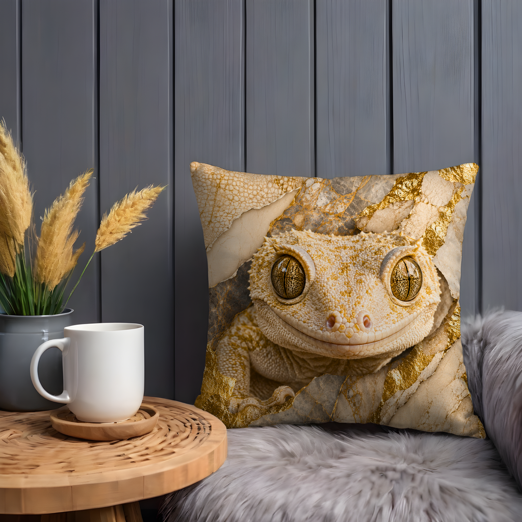 Leopard Gecko Pillow Cover | Majestic Reptile Art | Gold Crackle Decor