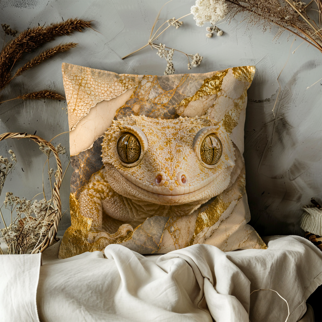 Leopard Gecko Pillow Cover | Majestic Reptile Art | Gold Crackle Decor
