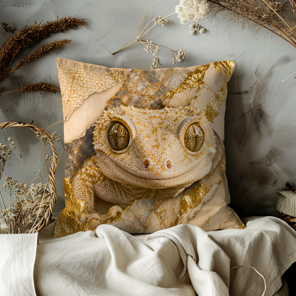 Leopard Gecko Pillow Cover – Majestic Reptile Art | Gold Crackle Decor