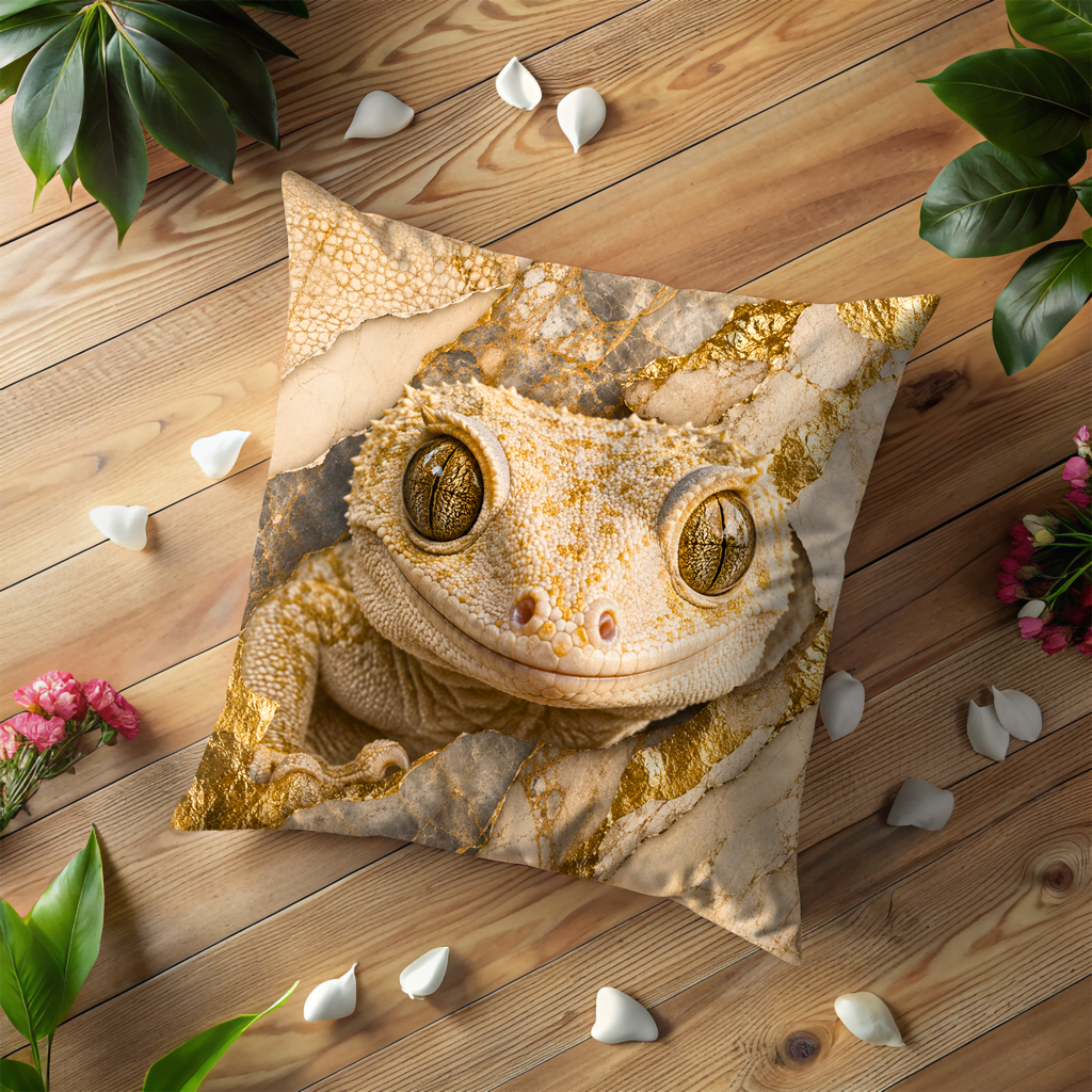 Leopard Gecko Pillow Cover | Majestic Reptile Art | Gold Crackle Decor