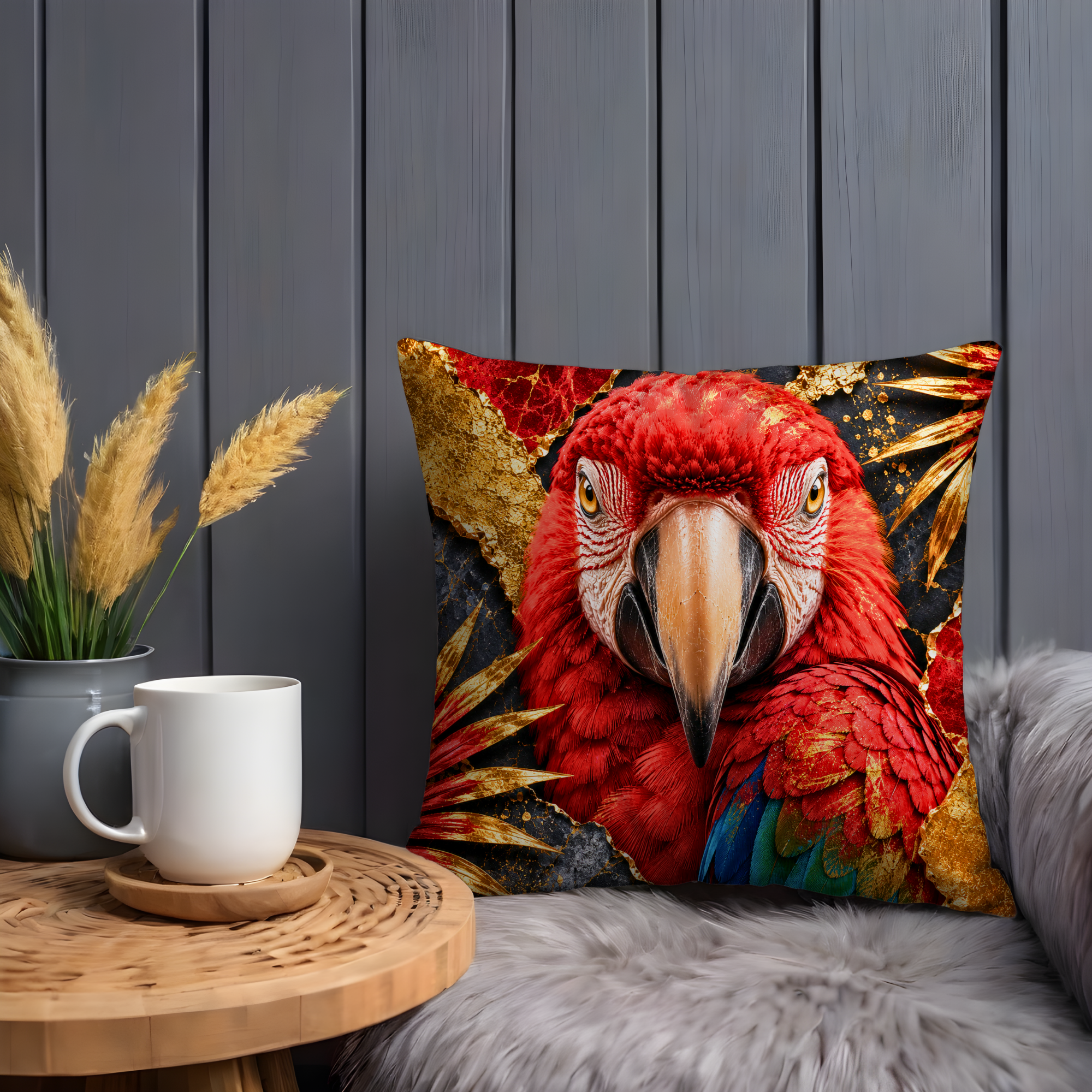Red Scarlet Macaw Pillow Cover | Majestic Parrot Art | Gold Crackle Decor