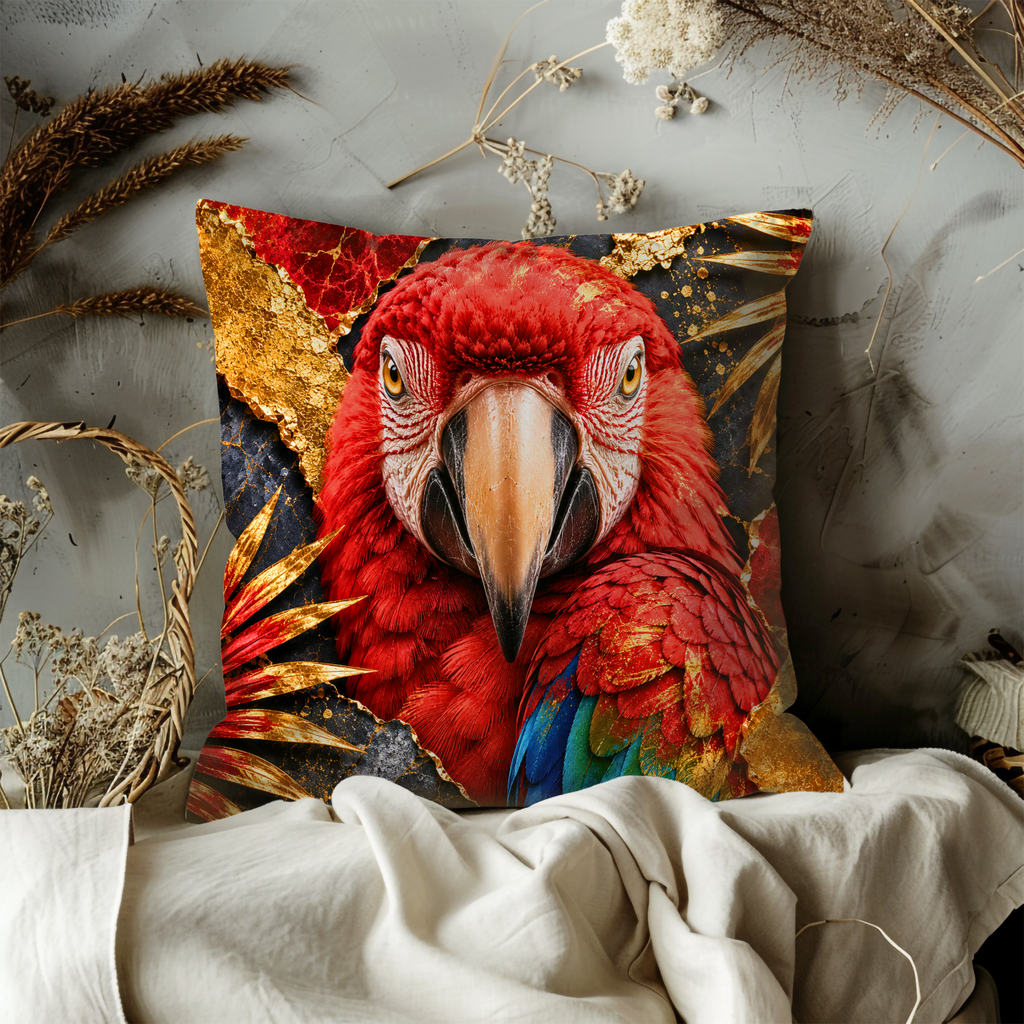 Red Scarlet Macaw Pillow Cover | Majestic Parrot Art | Gold Crackle Decor