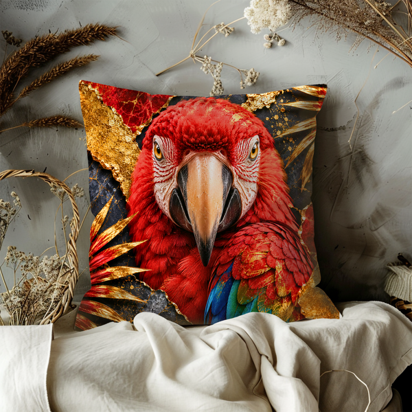 Red Scarlet Macaw Pillow Cover – Majestic Parrot Art | Gold Crackle Decor