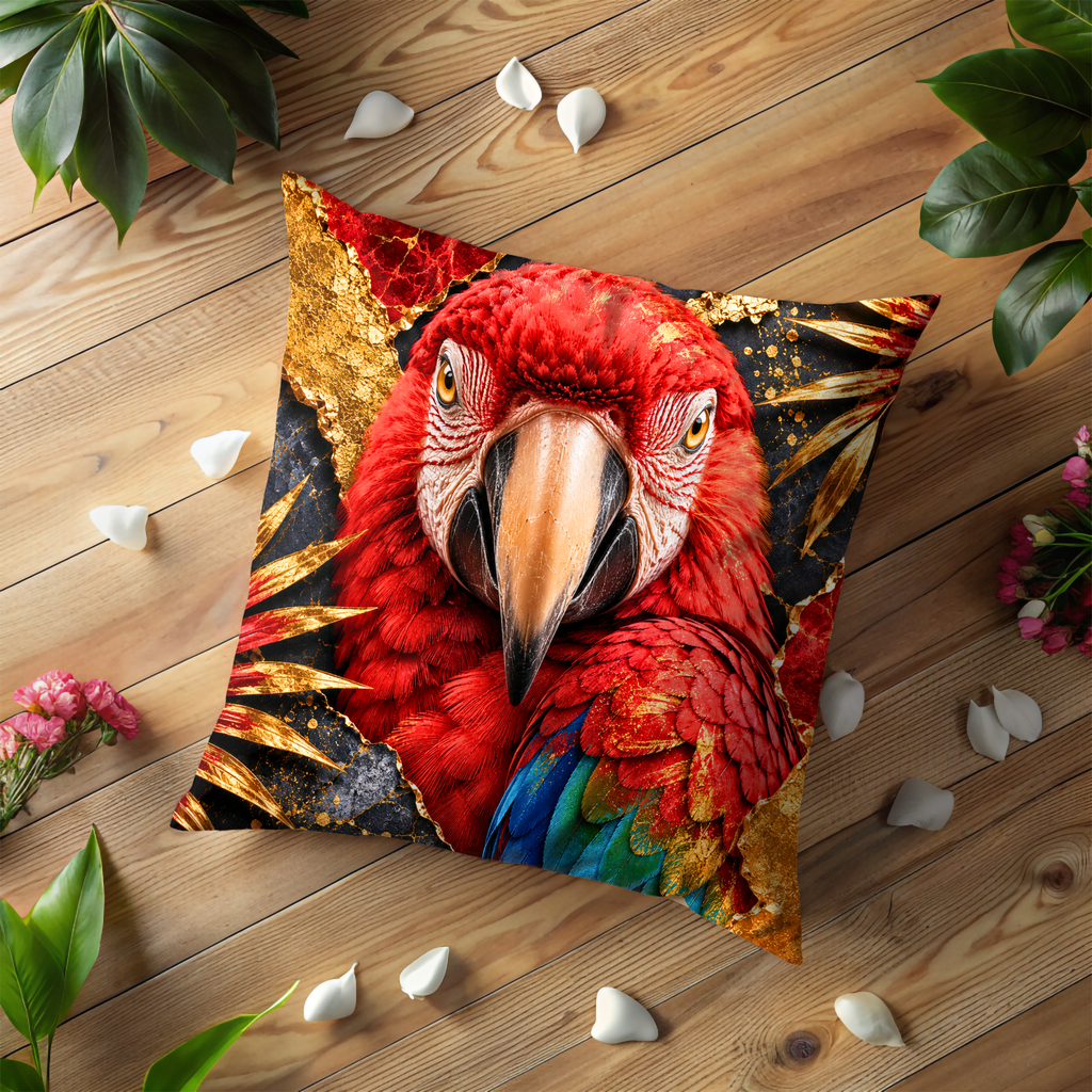Red Scarlet Macaw Pillow Cover | Majestic Parrot Art | Gold Crackle Decor