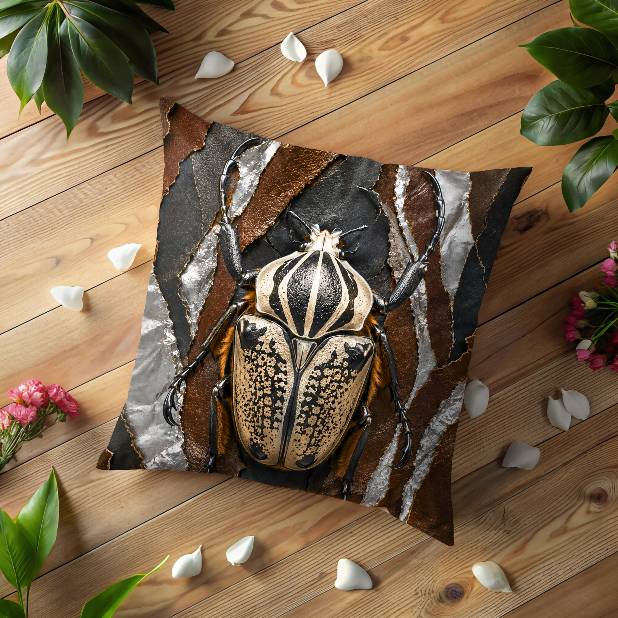 Hercules Beetle Portrait Pillow Cover | Exotic Insect Art | Gold Crackle Decor