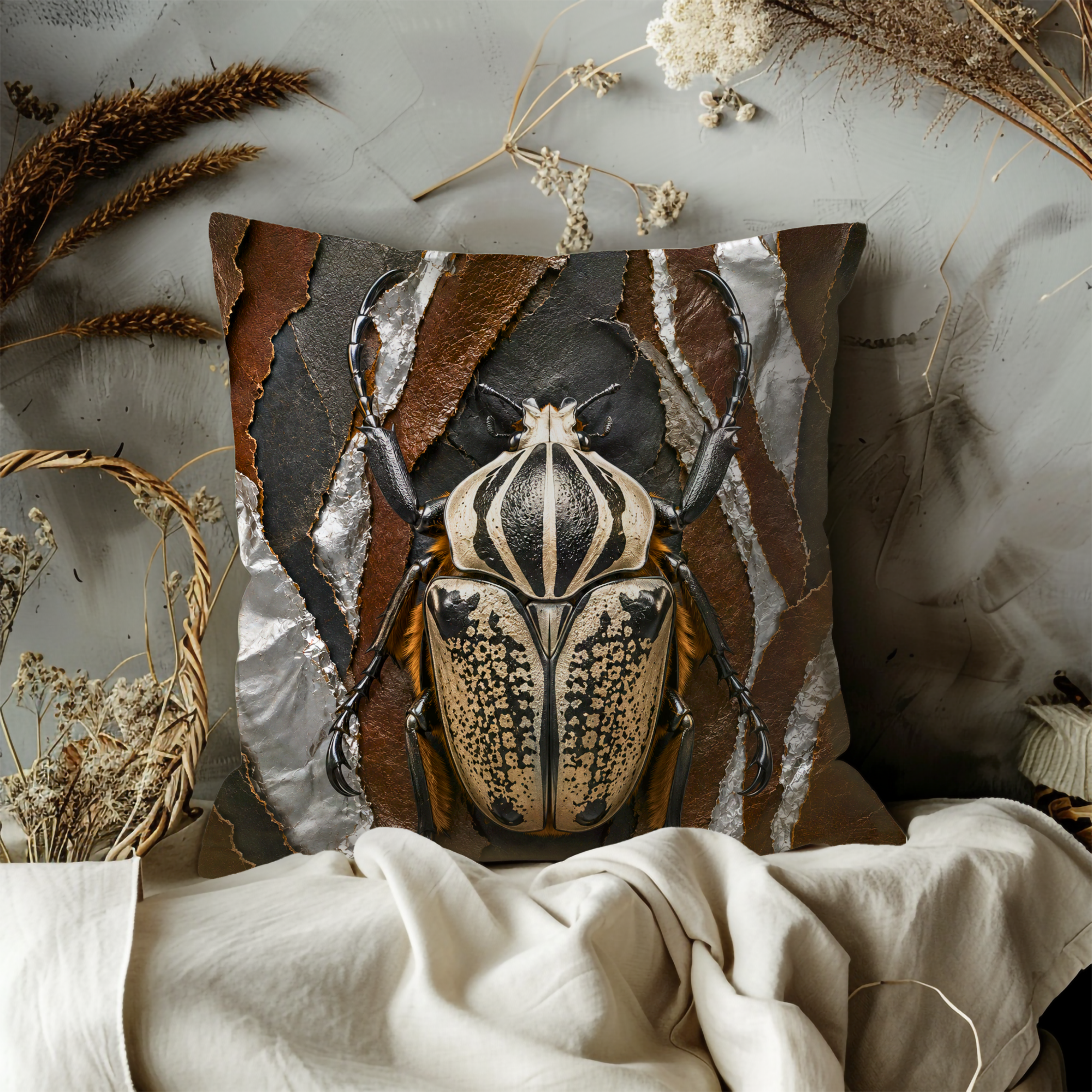 Hercules Beetle Portrait Pillow Cover | Exotic Insect Art | Gold Crackle Decor