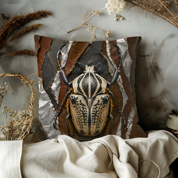 Hercules Beetle Portrait Pillow Cover – Exotic Insect Art | Gold Crackle Decor