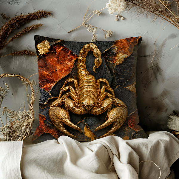 Scorpion Pillow Cover – Majestic Arachnid Art | Gold Crackle Decor