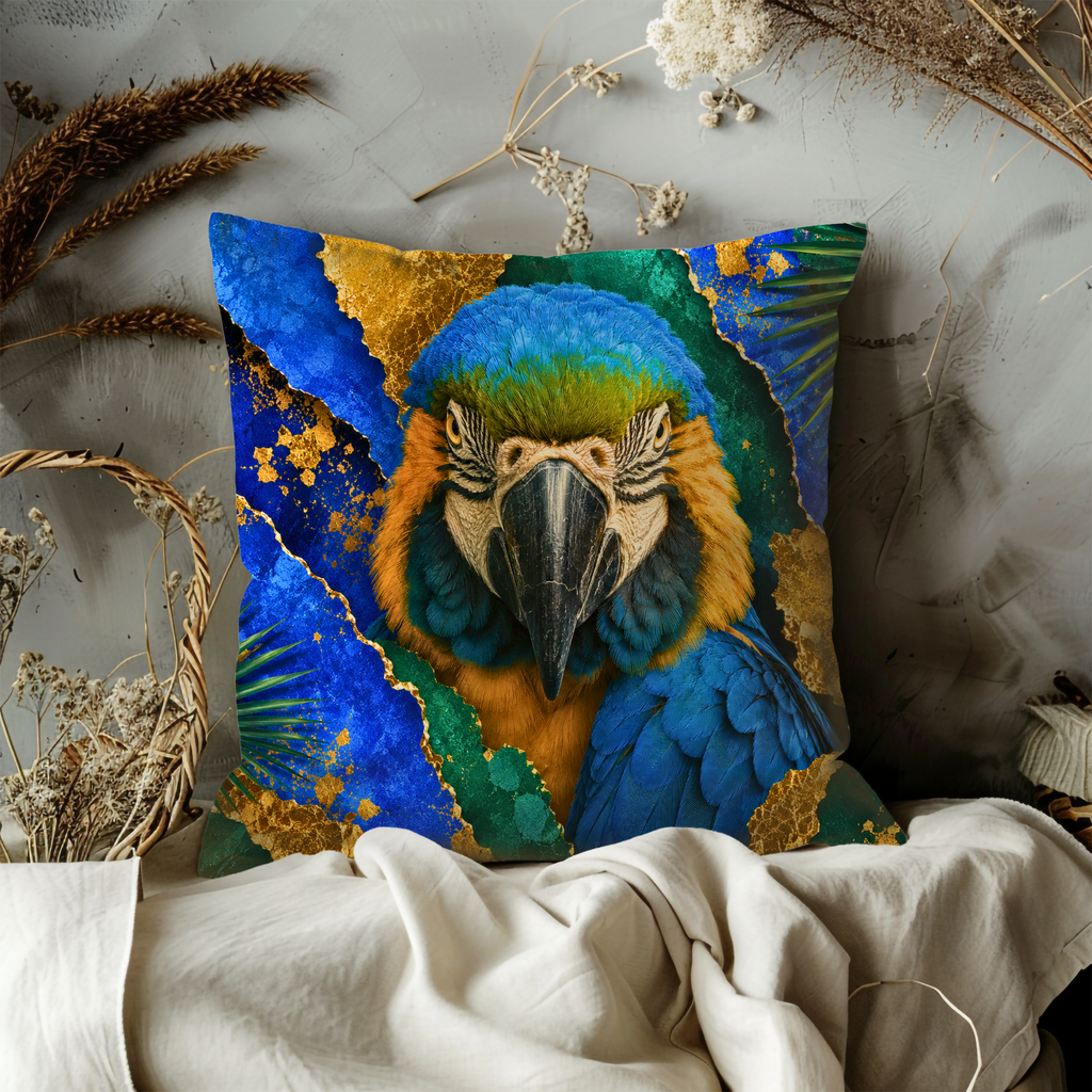 Blue-and-Gold Macaw Pillow Cover | Majestic Parrot Art | Gold Crackle Decor