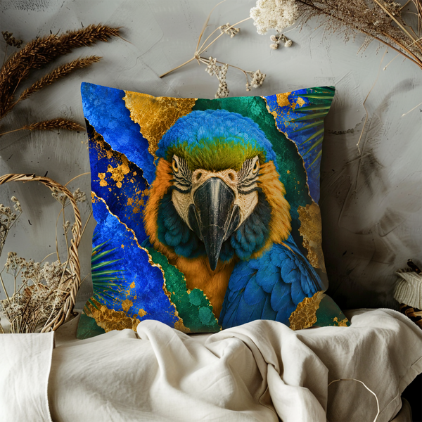 Blue-and-Gold Macaw Pillow Cover – Majestic Parrot Art | Gold Crackle Decor