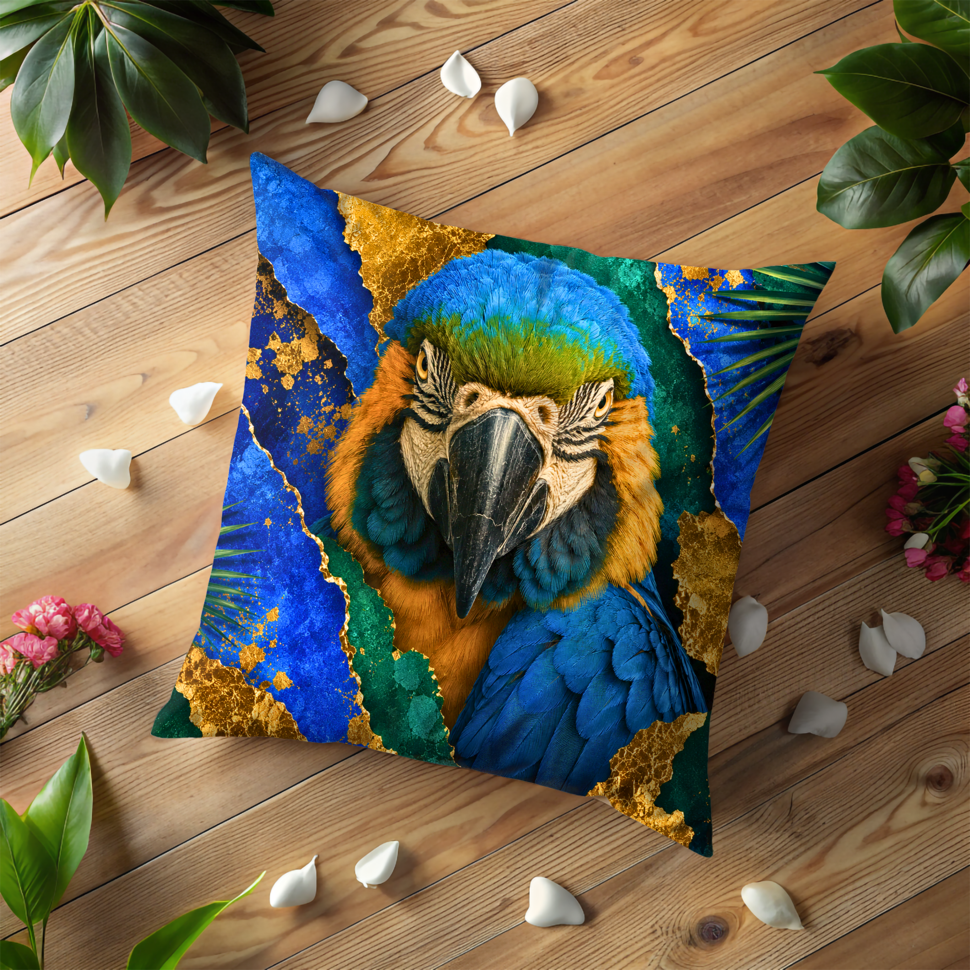Blue-and-Gold Macaw Pillow Cover | Majestic Parrot Art | Gold Crackle Decor