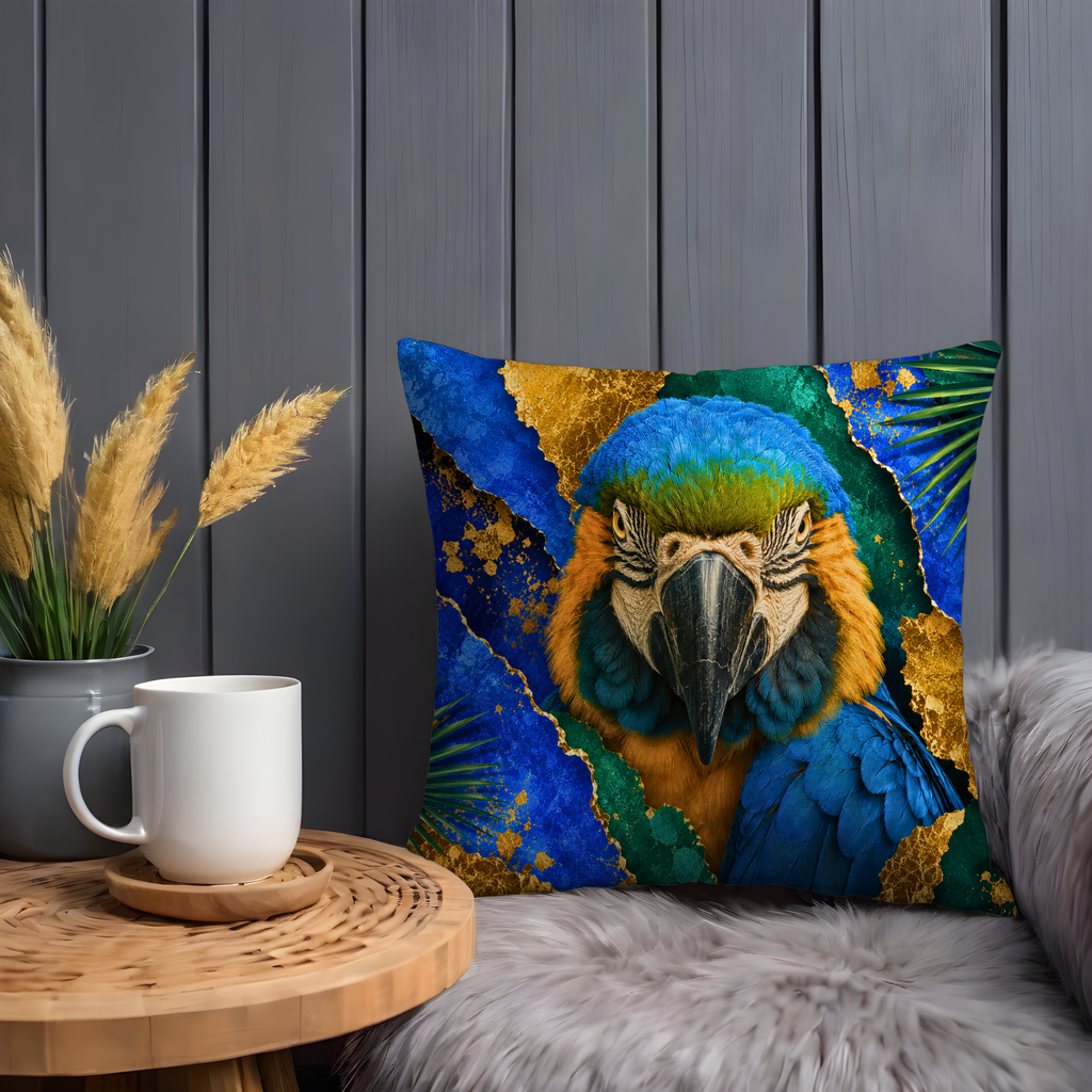 Blue-and-Gold Macaw Pillow Cover | Majestic Parrot Art | Gold Crackle Decor