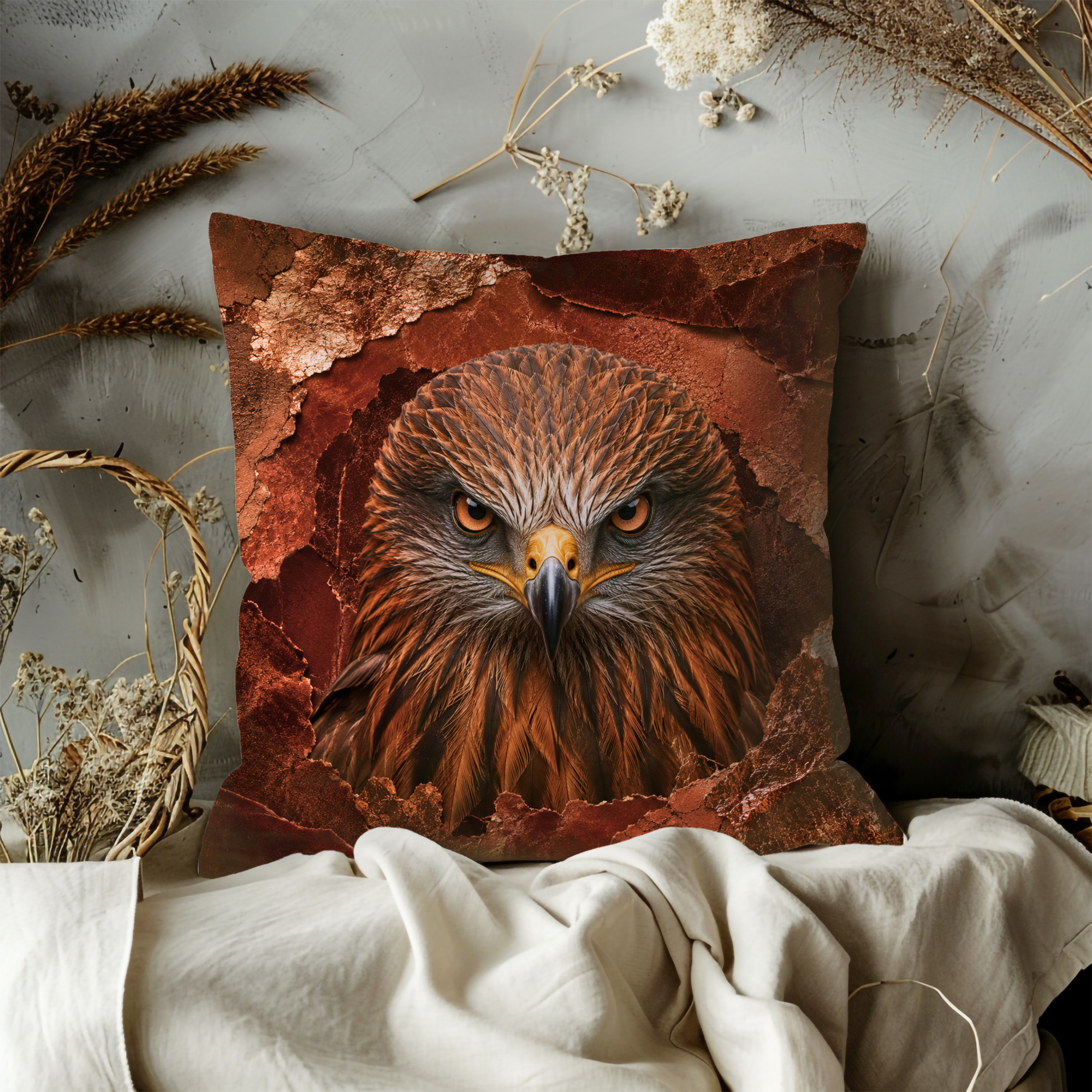 Eagle Portrait Pillow Cover | Majestic Wildlife Art | Gold Crackle Decor