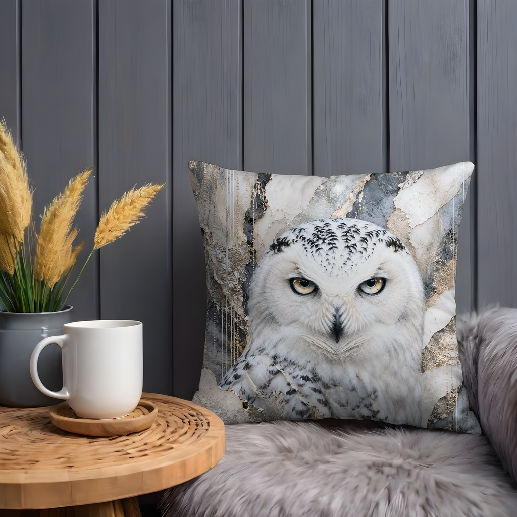 Snowy Owl Portrait Pillow Cover | Majestic Wildlife Art | Gold Crackle Decor
