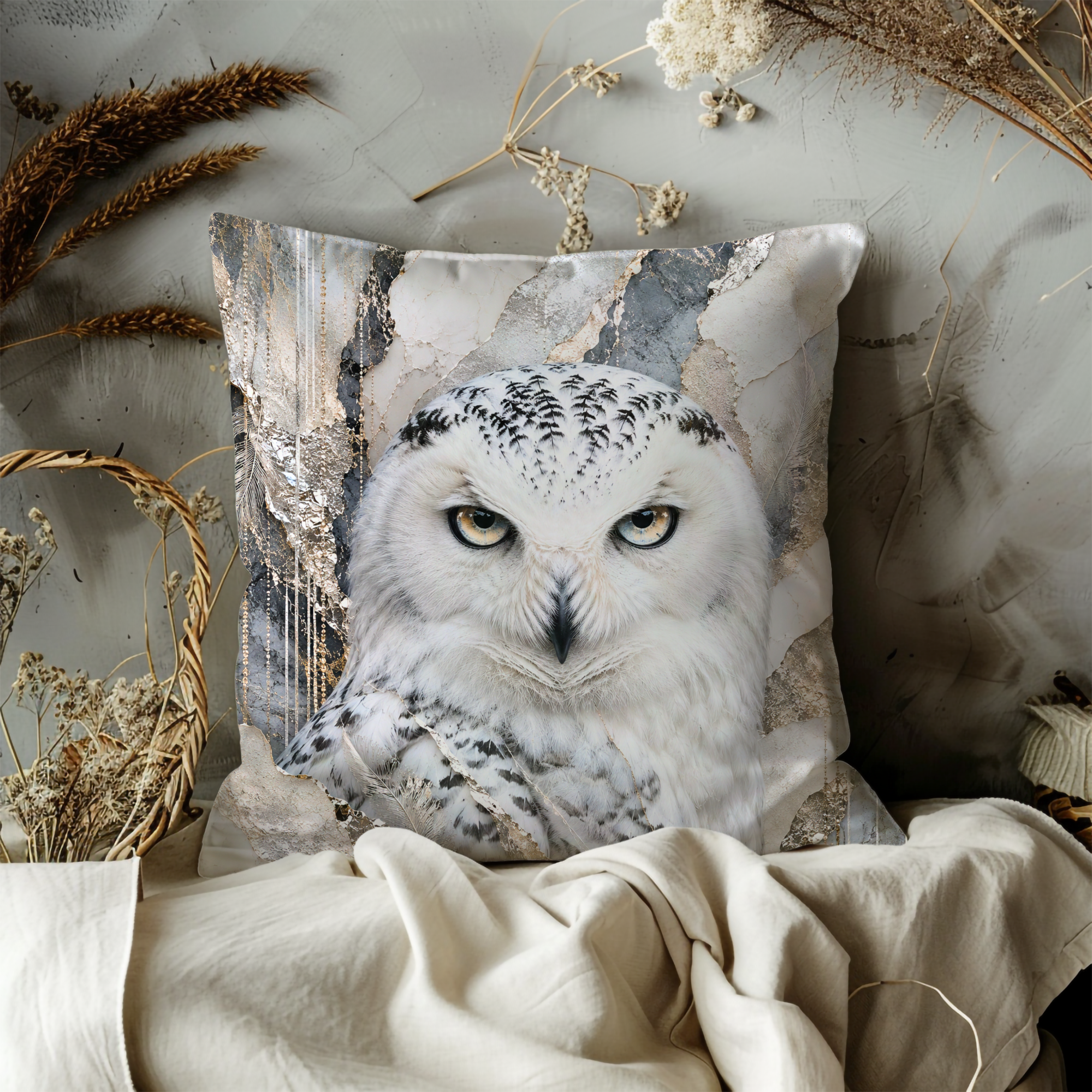 Snowy Owl Portrait Pillow Cover | Majestic Wildlife Art | Gold Crackle Decor