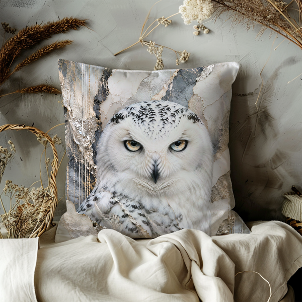 Snowy Owl Portrait Pillow Cover – Majestic Wildlife Art | Gold Crackle Decor