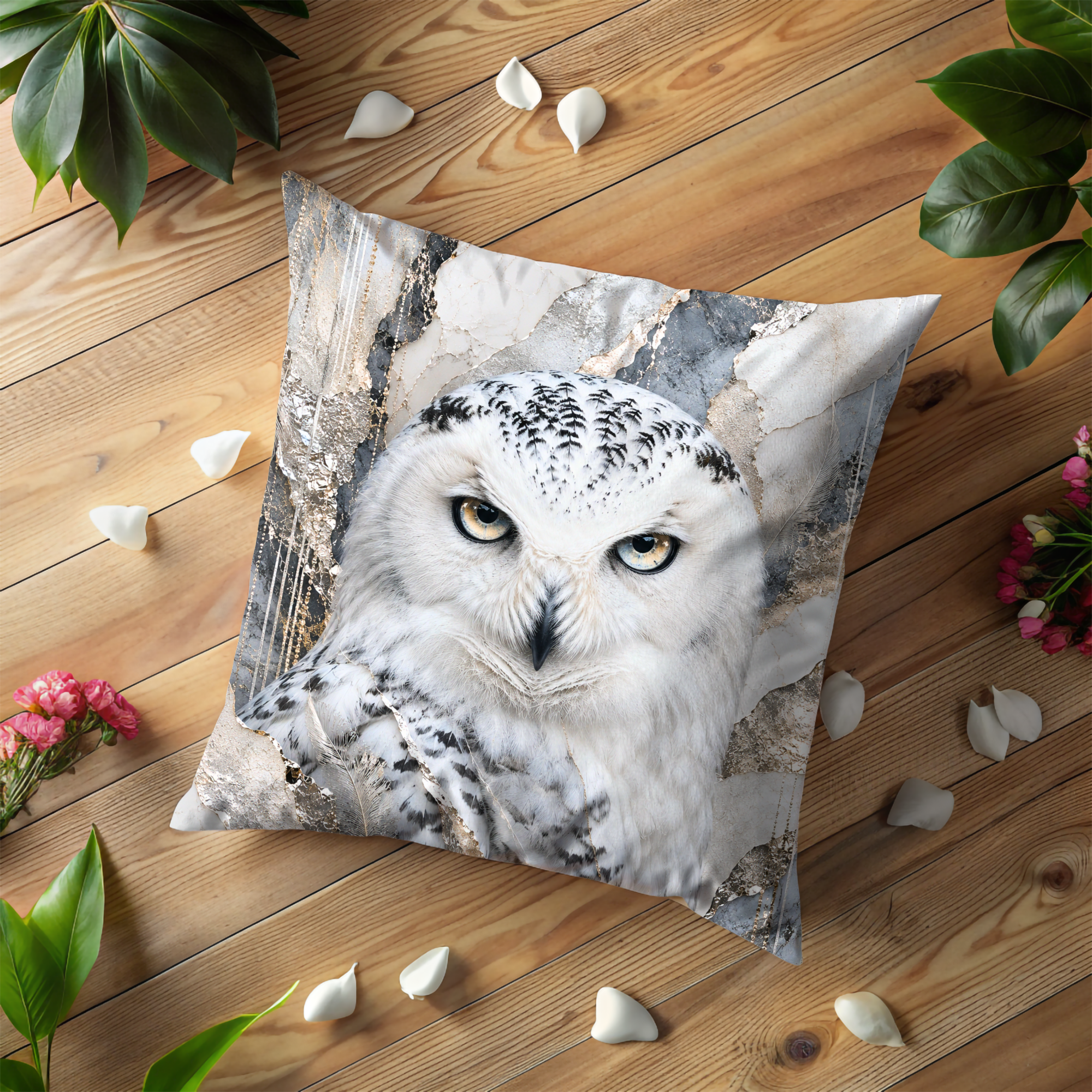 Snowy Owl Portrait Pillow Cover | Majestic Wildlife Art | Gold Crackle Decor
