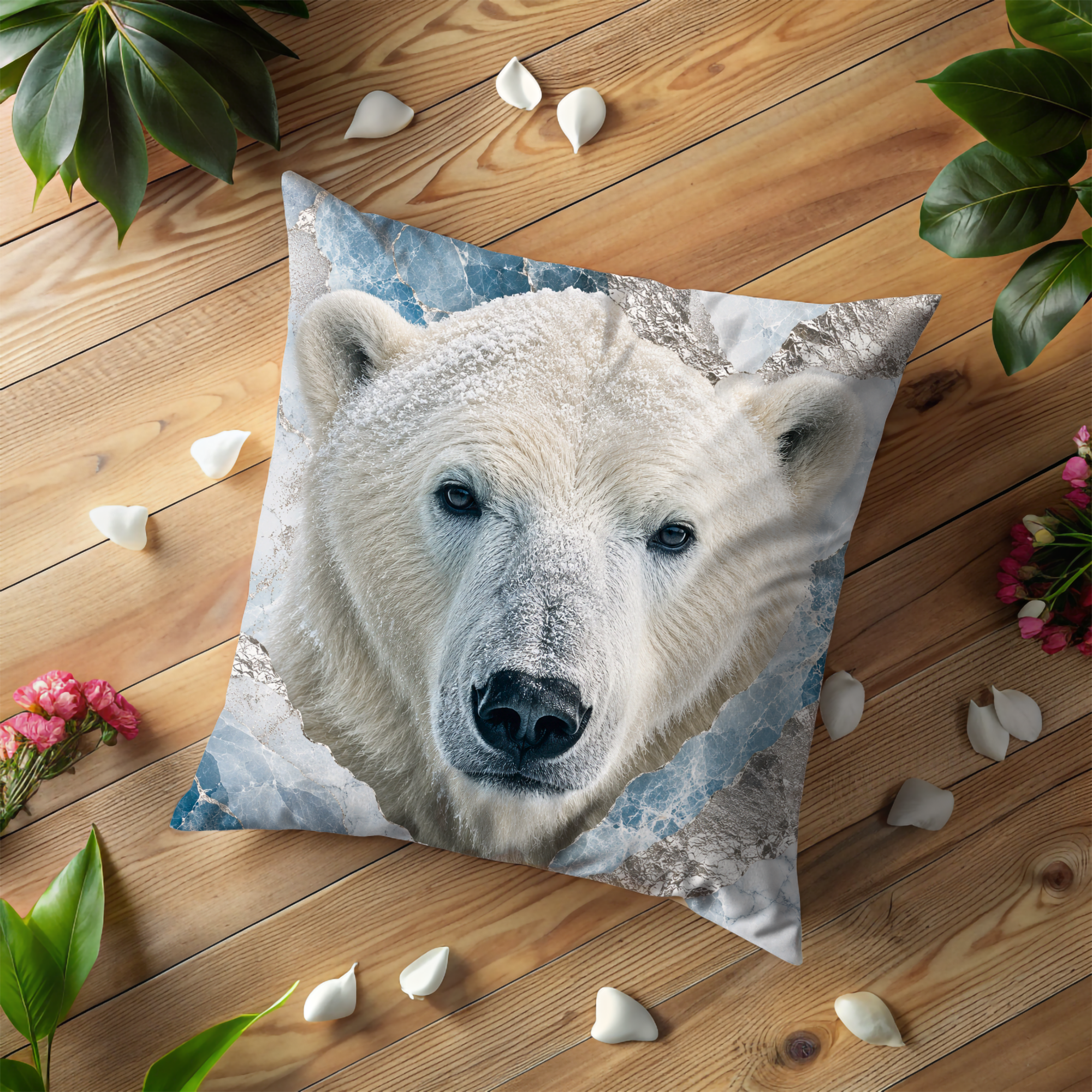 Polar Bear Portrait Pillow Cover | Majestic Wildlife Art | Gold Crackle Decor
