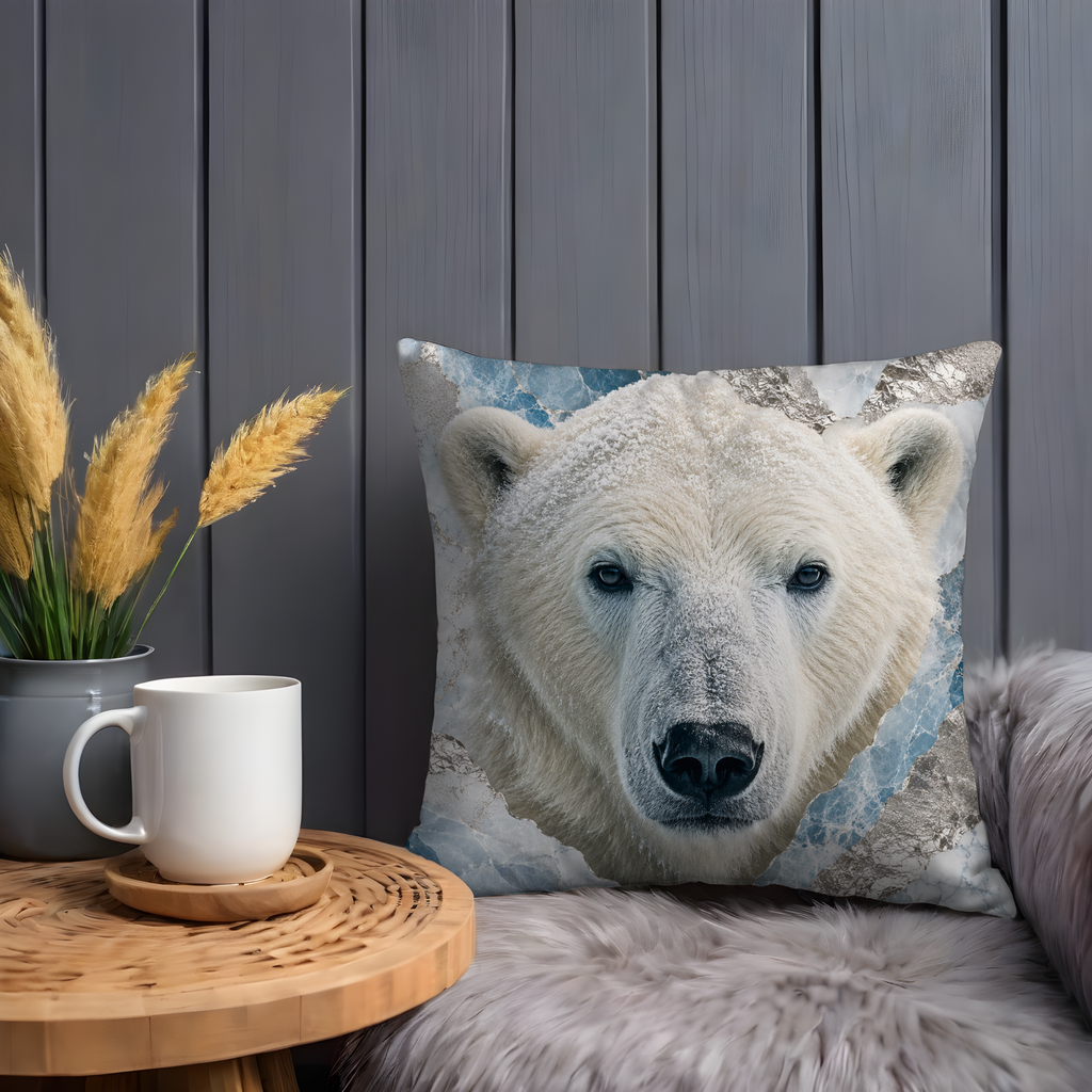 Polar Bear Portrait Pillow Cover | Majestic Wildlife Art | Gold Crackle Decor