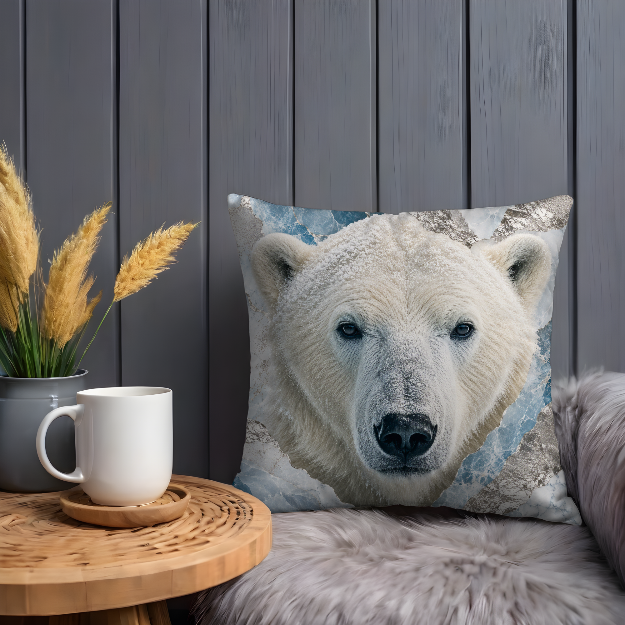 Polar Bear Portrait Pillow Cover | Majestic Wildlife Art | Gold Crackle Decor
