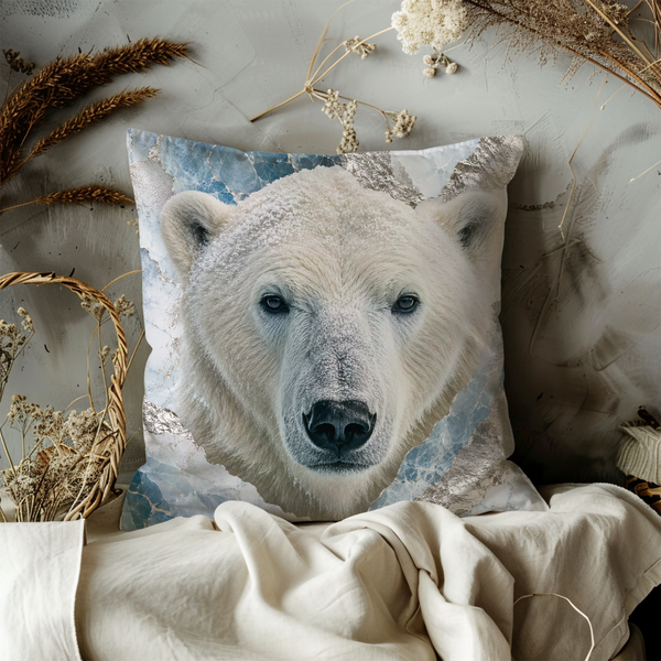 Polar Bear Portrait Pillow Cover – Majestic Wildlife Art | Gold Crackle Decor