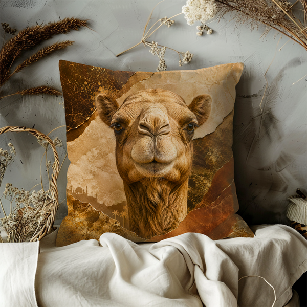 Camel Pillow Cover – Majestic Desert Animal Art | Gold Crackle Decor