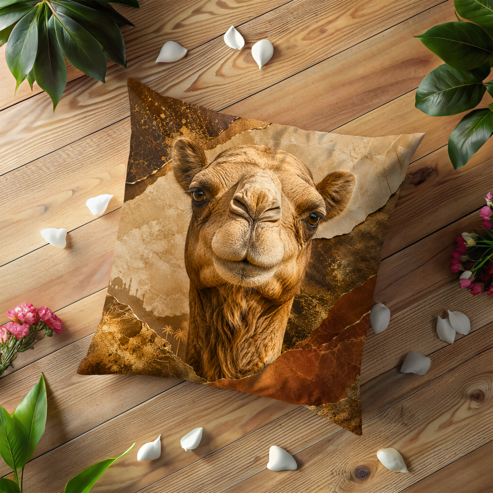 Camel Pillow Cover | Majestic Desert Animal Art | Gold Crackle Decor