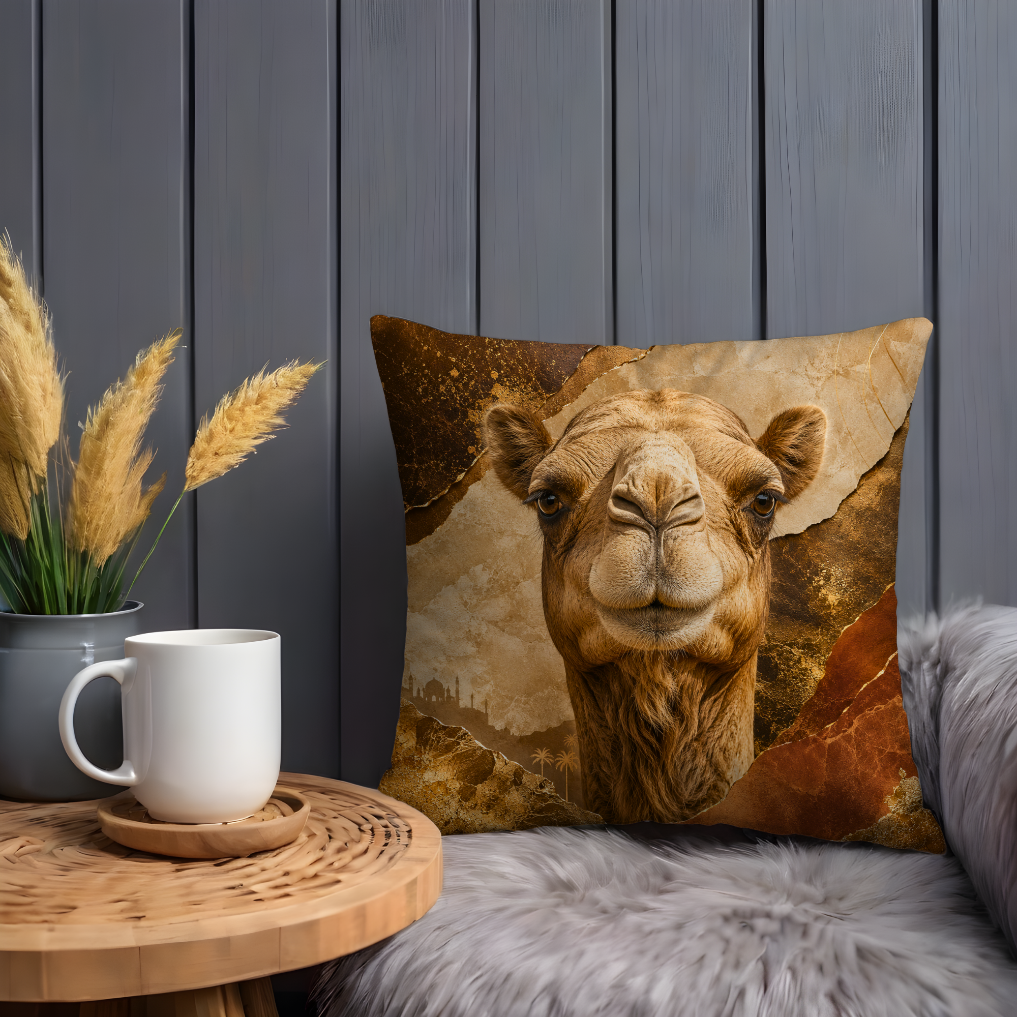 Camel Pillow Cover | Majestic Desert Animal Art | Gold Crackle Decor