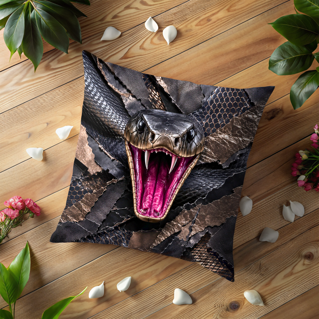 Snake Portrait Pillow Cover | Dramatic Wildlife Art | Gold Crackle Decor