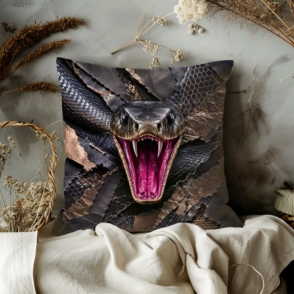 Snake Portrait Pillow Cover – Dramatic Wildlife Art | Gold Crackle Decor