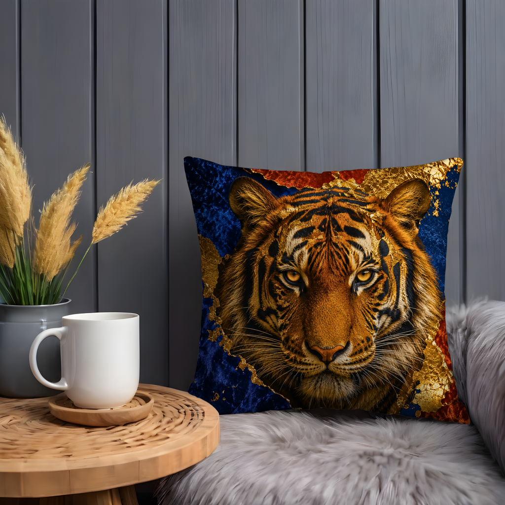 Tiger Portrait Pillow Cover | Majestic Wildlife Art | Gold Crackle Decor