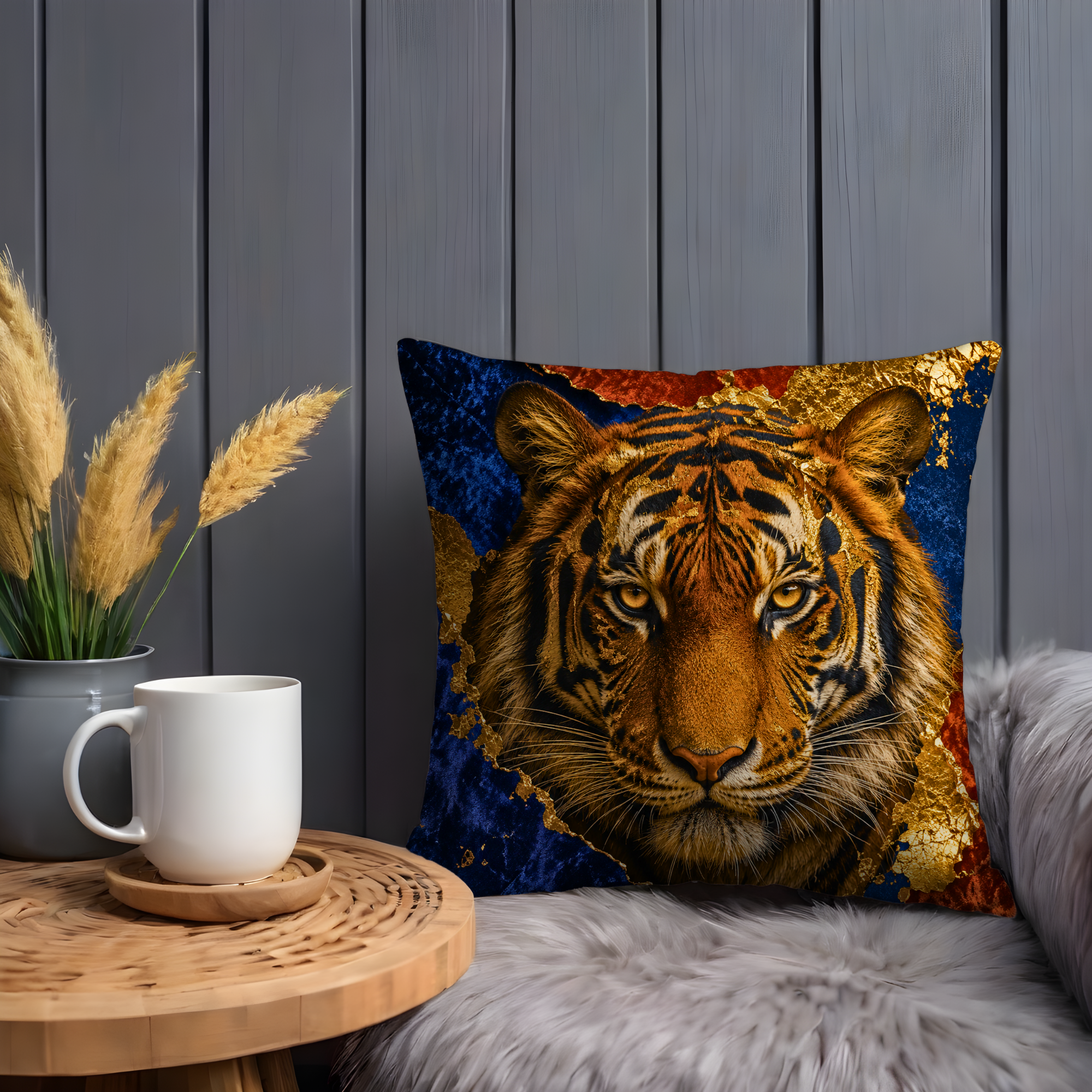 Tiger Portrait Pillow Cover | Majestic Wildlife Art | Gold Crackle Decor