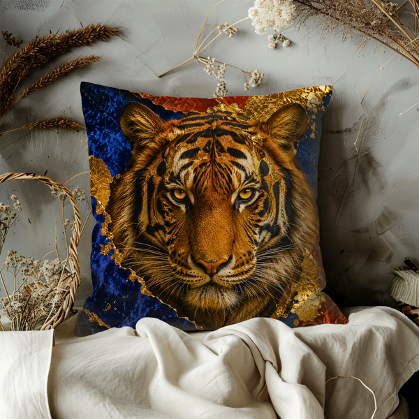 Tiger Portrait Pillow Cover – Majestic Wildlife Art | Gold Crackle Decor