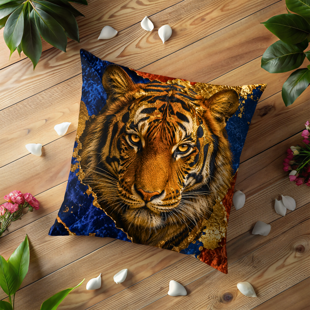 Tiger Portrait Pillow Cover | Majestic Wildlife Art | Gold Crackle Decor