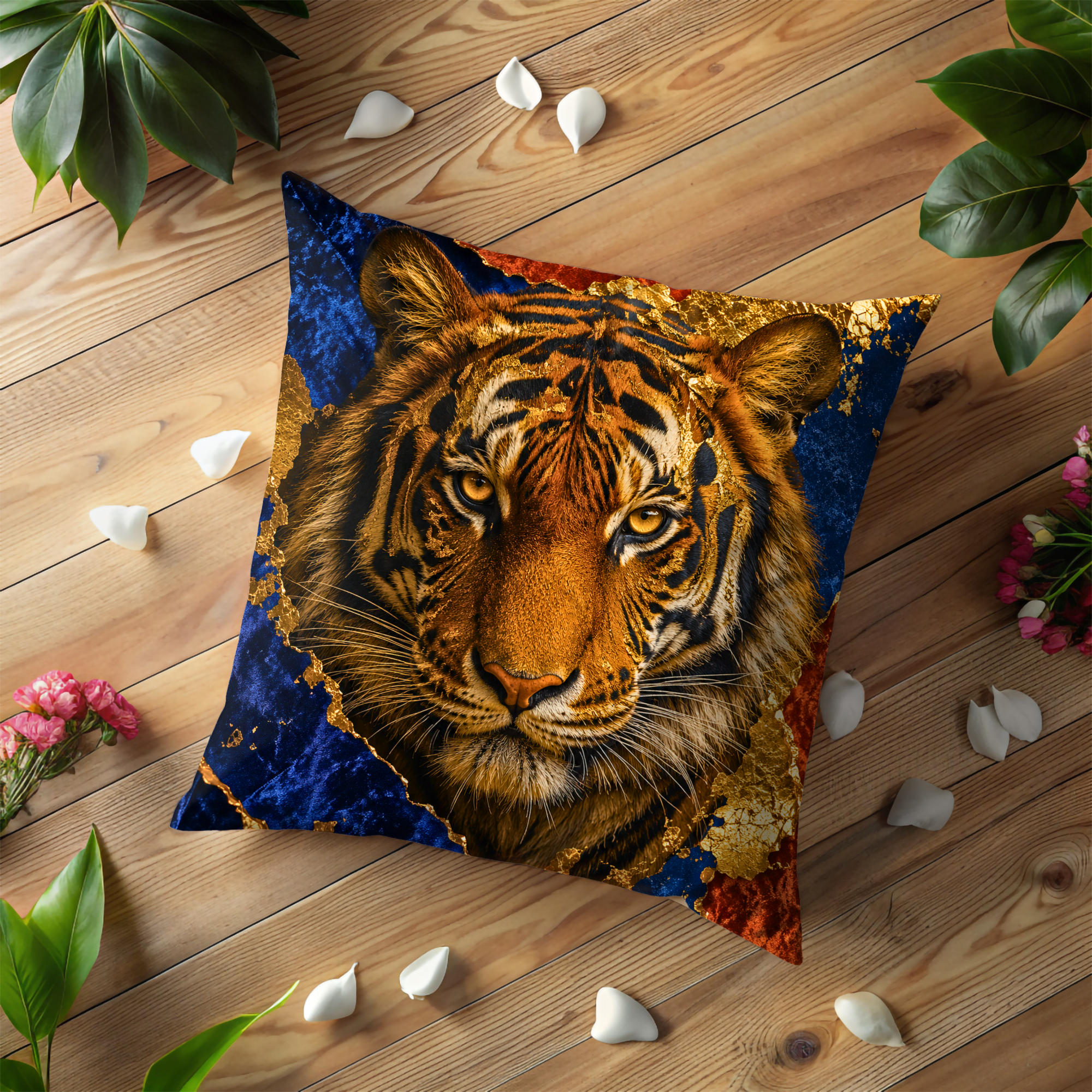 Tiger Portrait Pillow Cover | Majestic Wildlife Art | Gold Crackle Decor
