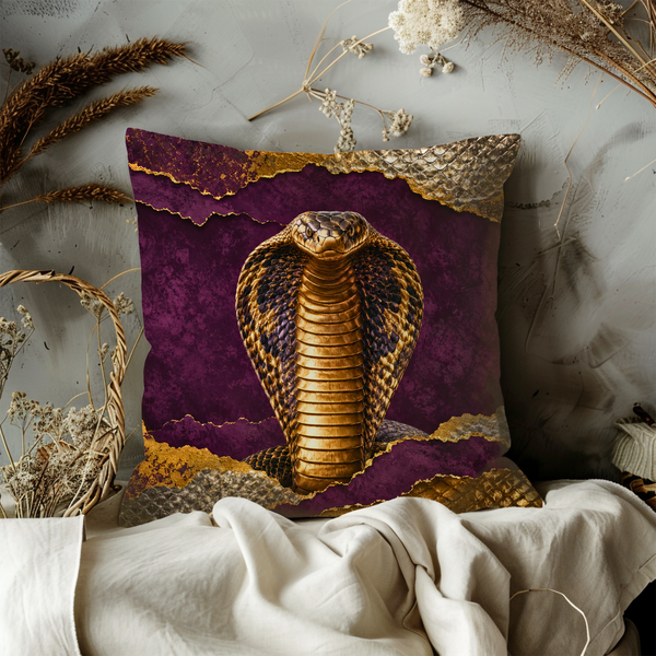 Cobra Portrait Pillow Cover – Dramatic Wildlife Art | Gold Crackle Decor
