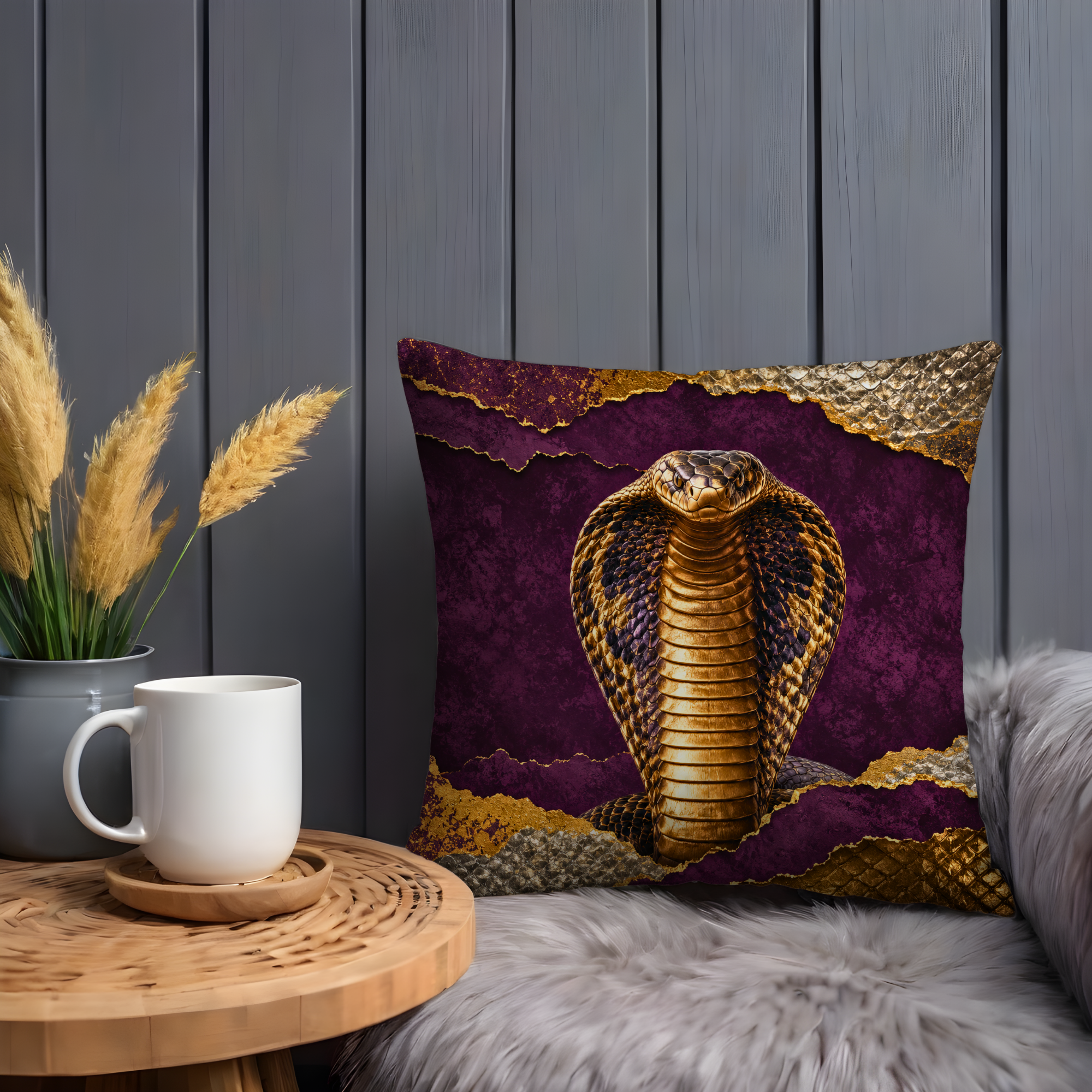 Cobra Portrait Pillow Cover | Dramatic Wildlife Art | Gold Crackle Decor