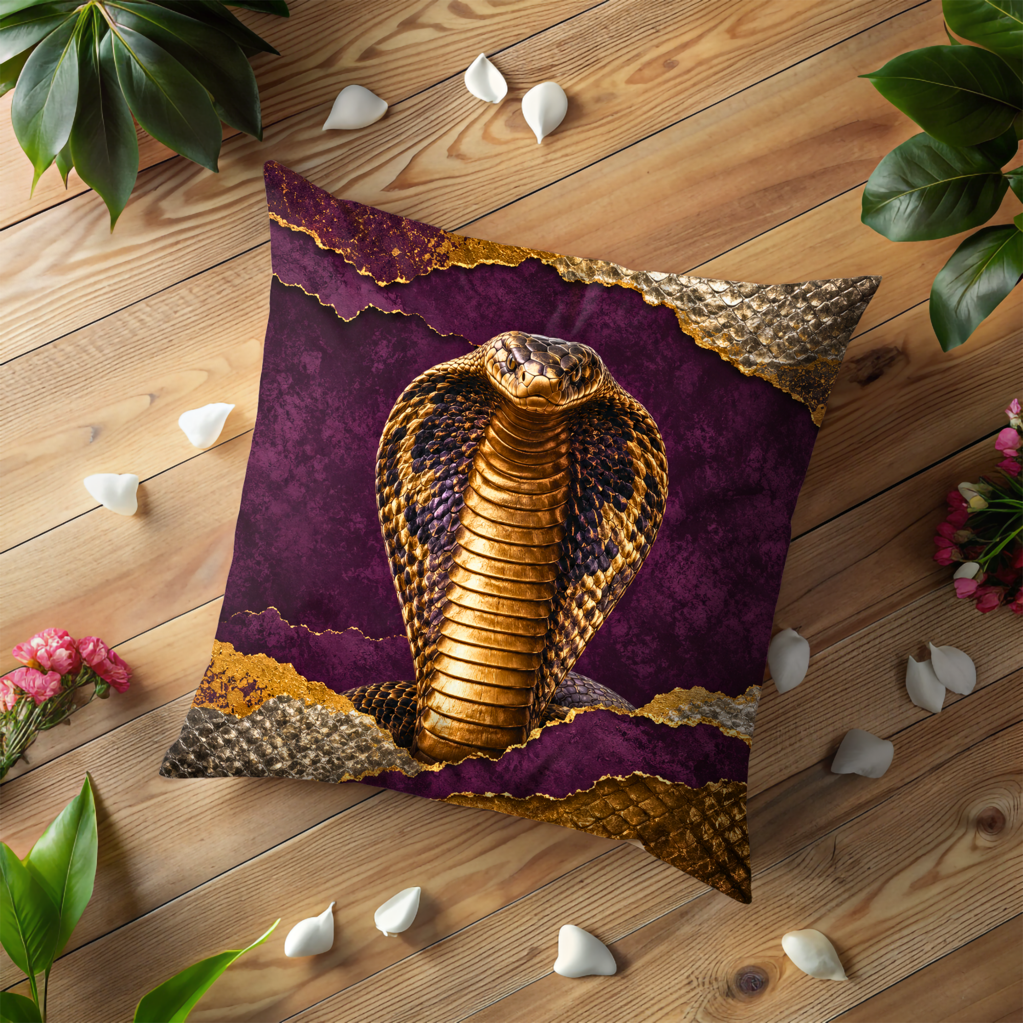 Cobra Portrait Pillow Cover | Dramatic Wildlife Art | Gold Crackle Decor