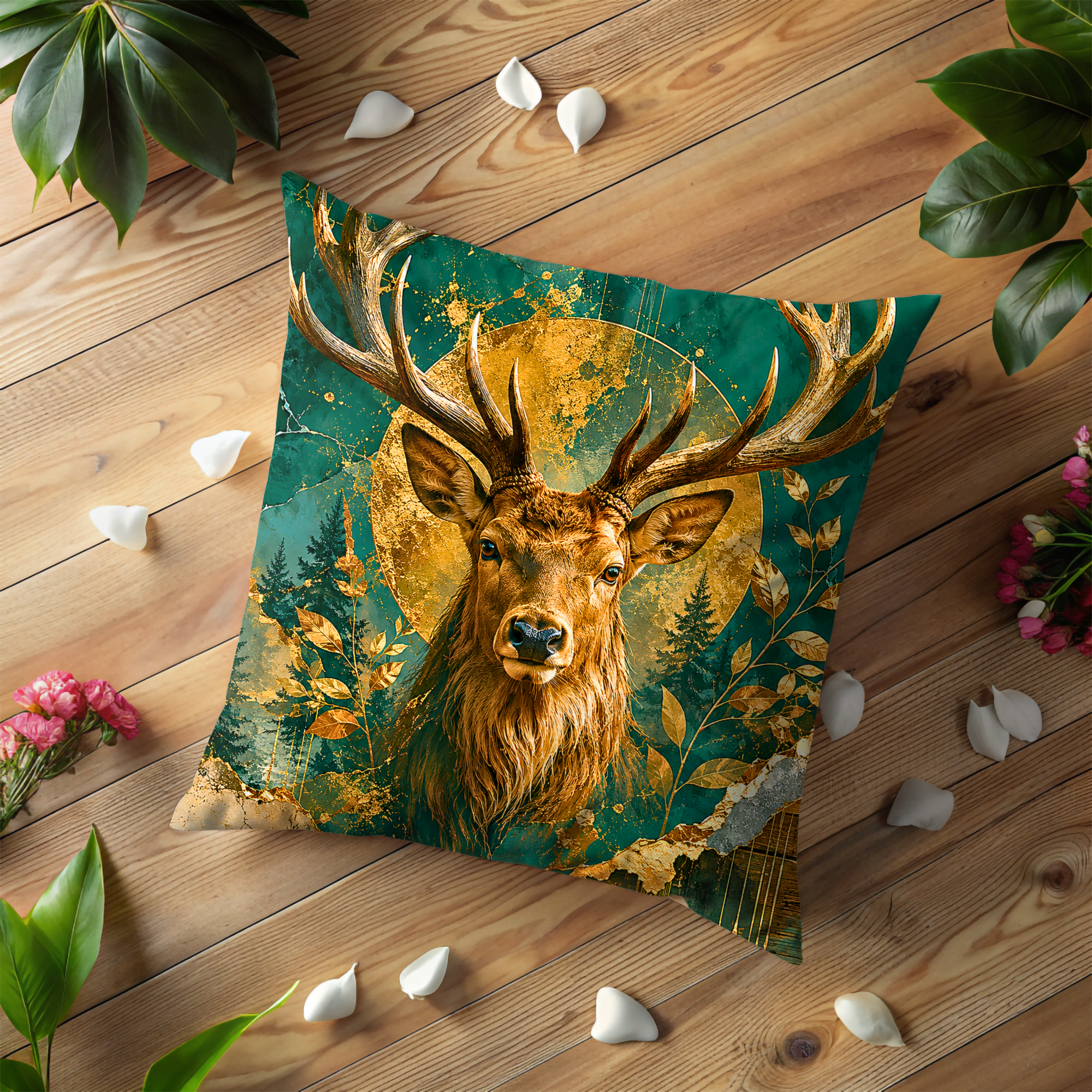 Stag Portrait Pillow Cover | Majestic Deer Art | Gold Crackle Decor