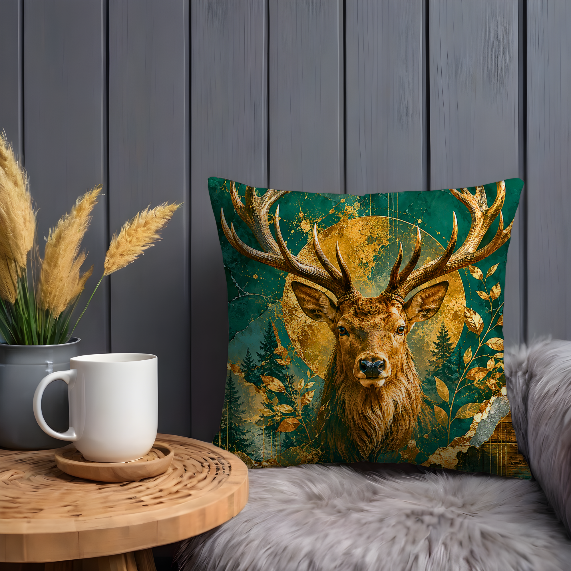 Stag Portrait Pillow Cover | Majestic Deer Art | Gold Crackle Decor