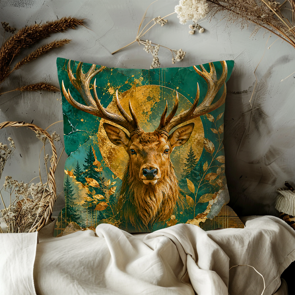 Stag Portrait Pillow Cover – Majestic Deer Art | Gold Crackle Decor