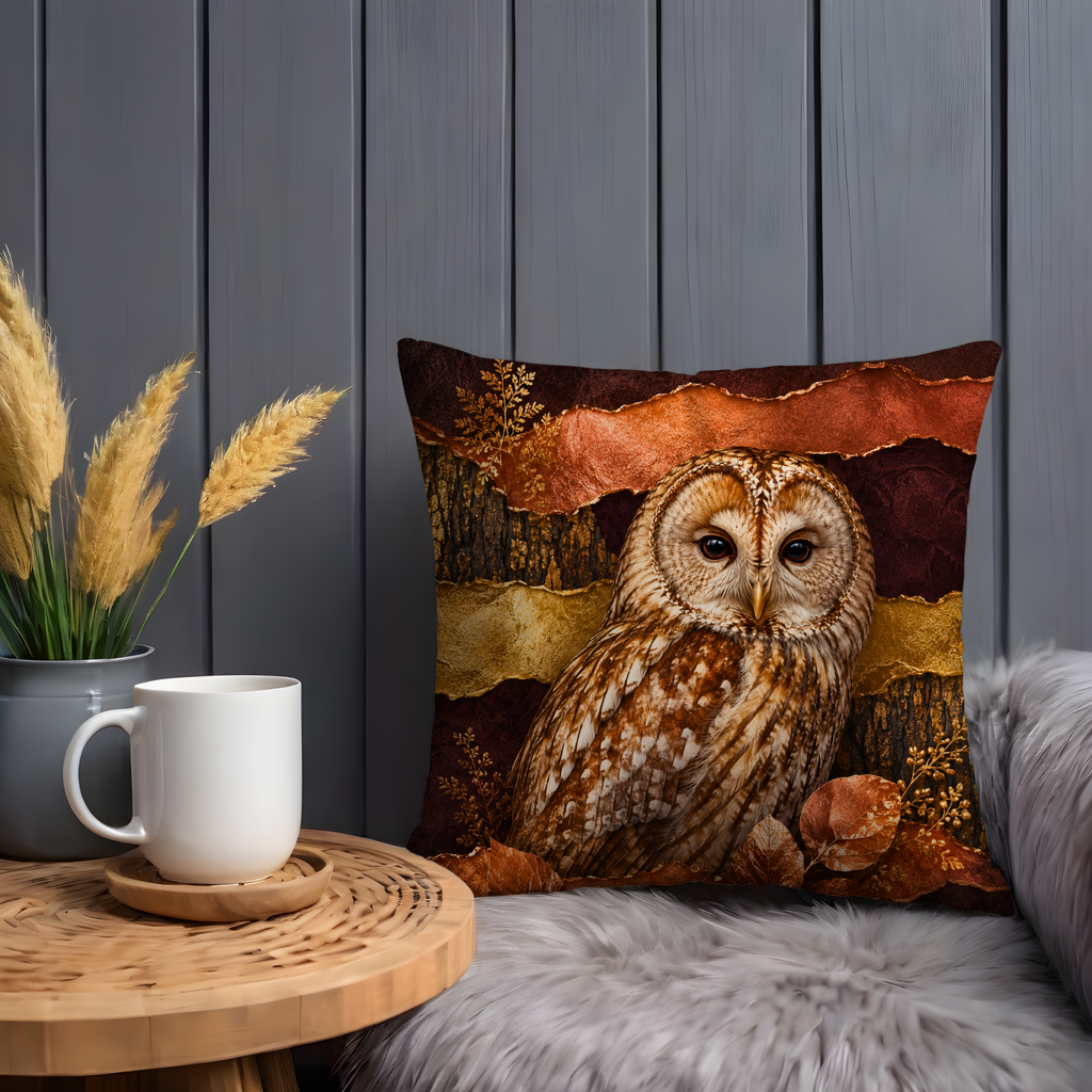 Tawny Owl Portrait Pillow Cover | Majestic Wildlife Art | Gold Crackle Decor