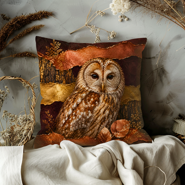 Tawny Owl Portrait Pillow Cover – Majestic Wildlife Art | Gold Crackle Decor